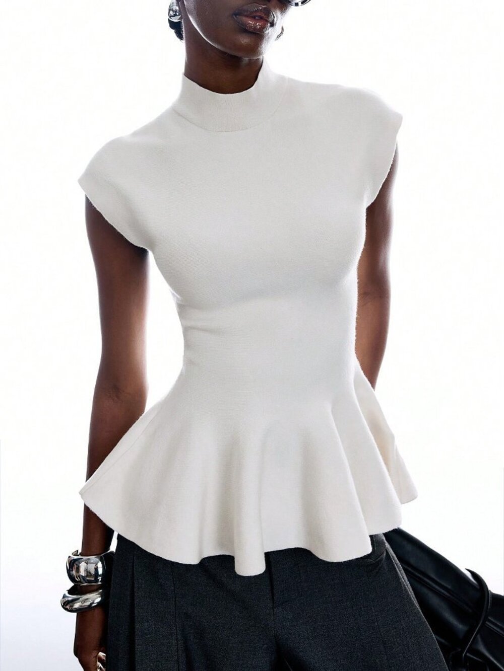 White Elegant Women's Minimalism darin Collar Ruffle Hem Knit Top